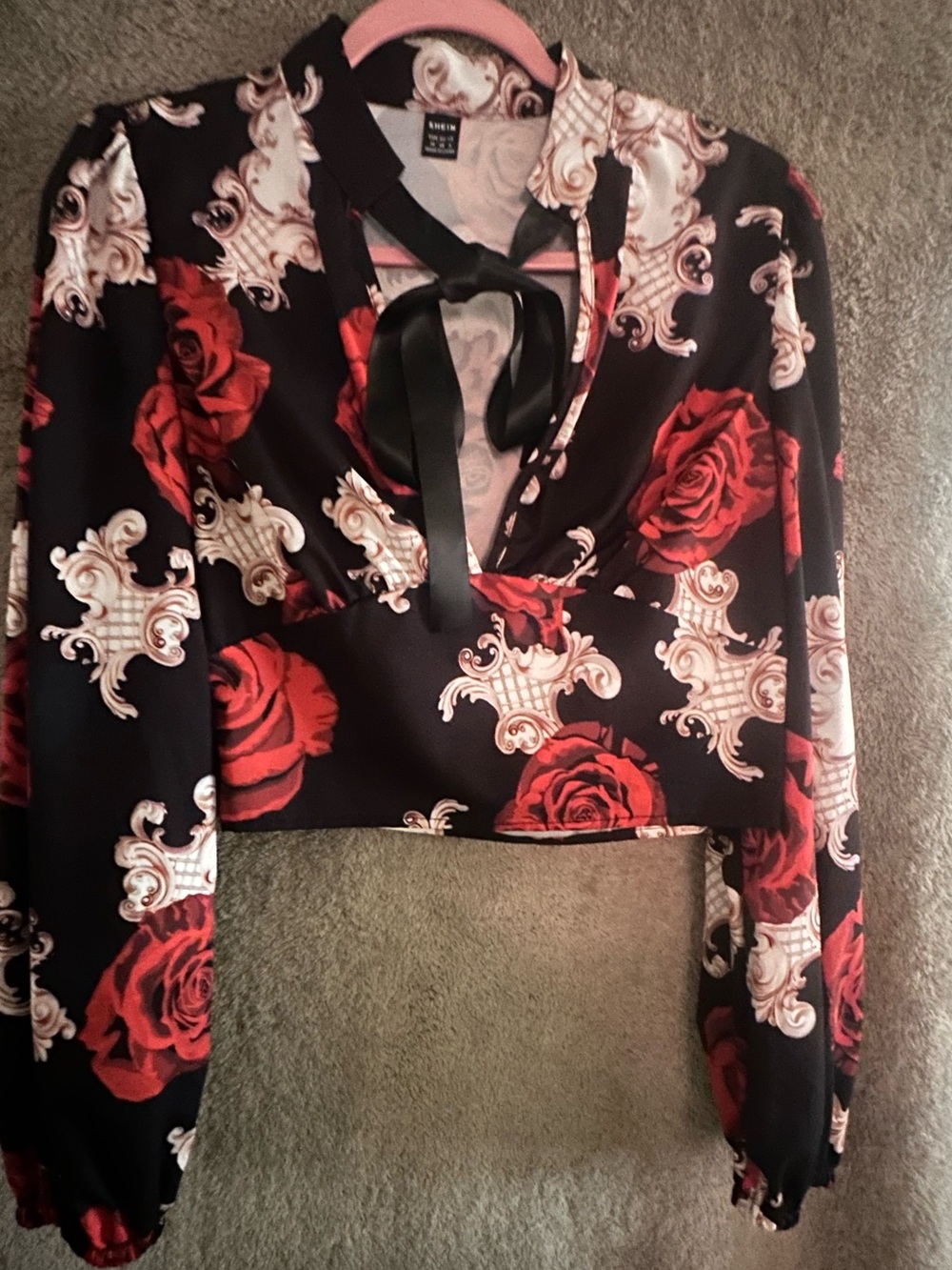 SHEIN Black Crop Top with Red Rose & Cream Baroque Print